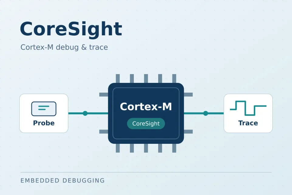 CoreSight-Illustration mit einem Debug-Probe, einem Cortex-M-Chip und einem Trace-Signal