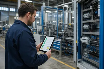 An engineer reviewing a checklist on a tablet beside industrial equipment