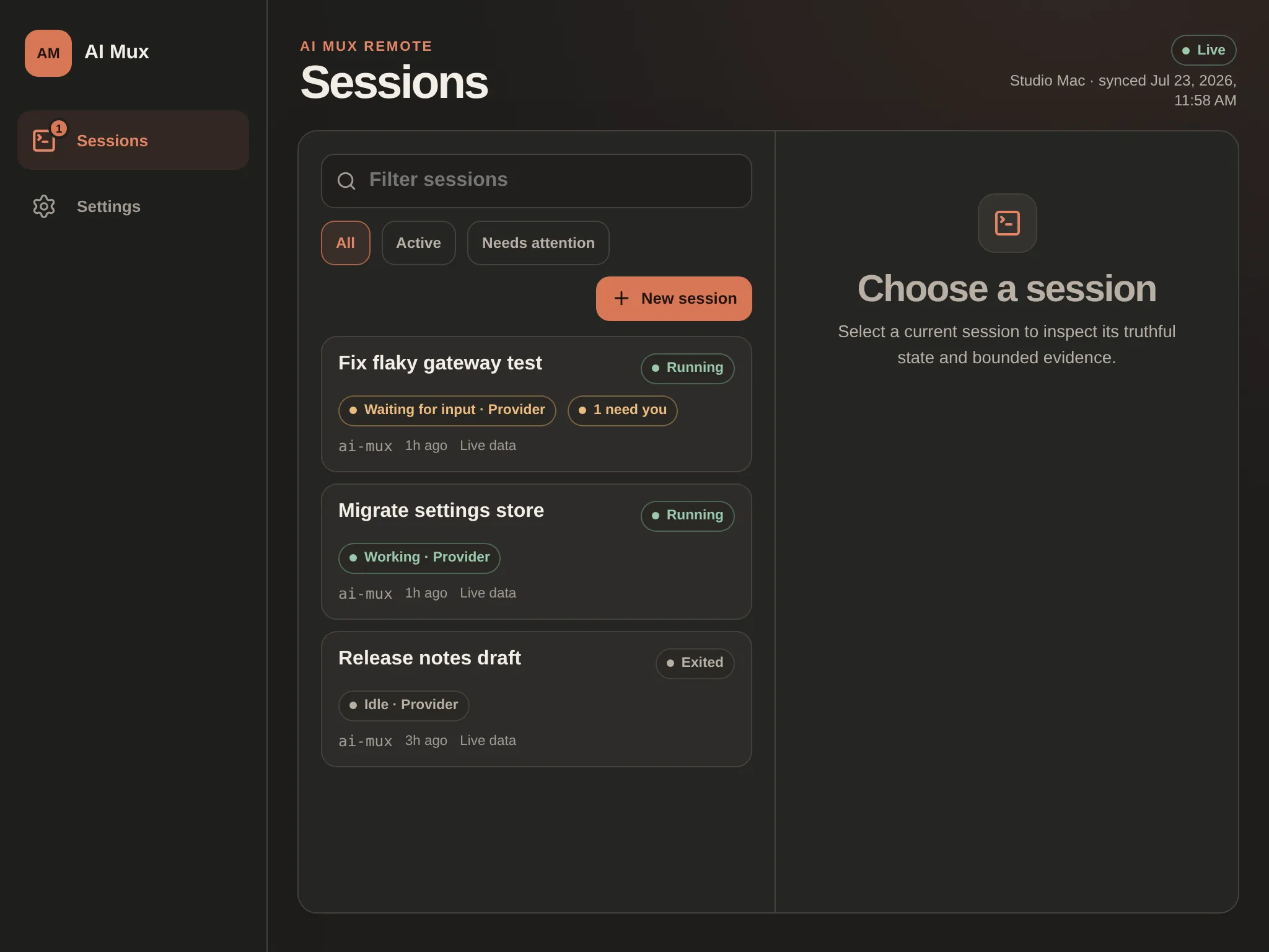 Tablet-Ansicht der AI-Mux-PWA mit mehreren bereinigten Demo-Sessions und ihren Statusanzeigen