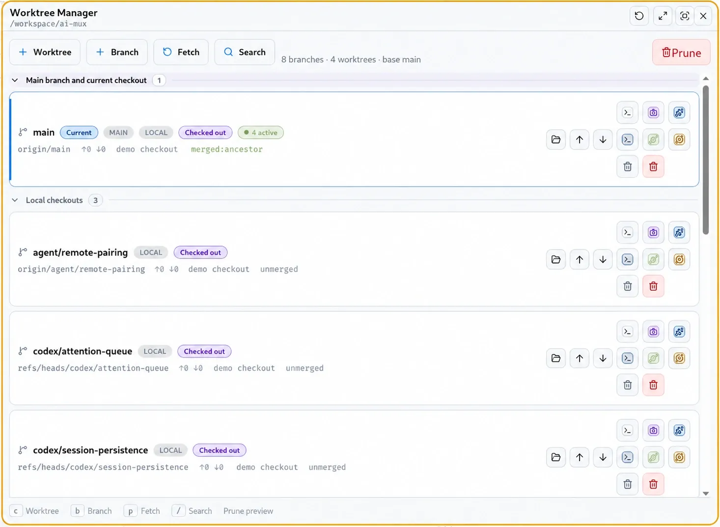 Worktree Manager in AI Mux mit dem Main-Branch und mehreren parallelen Feature-Worktrees