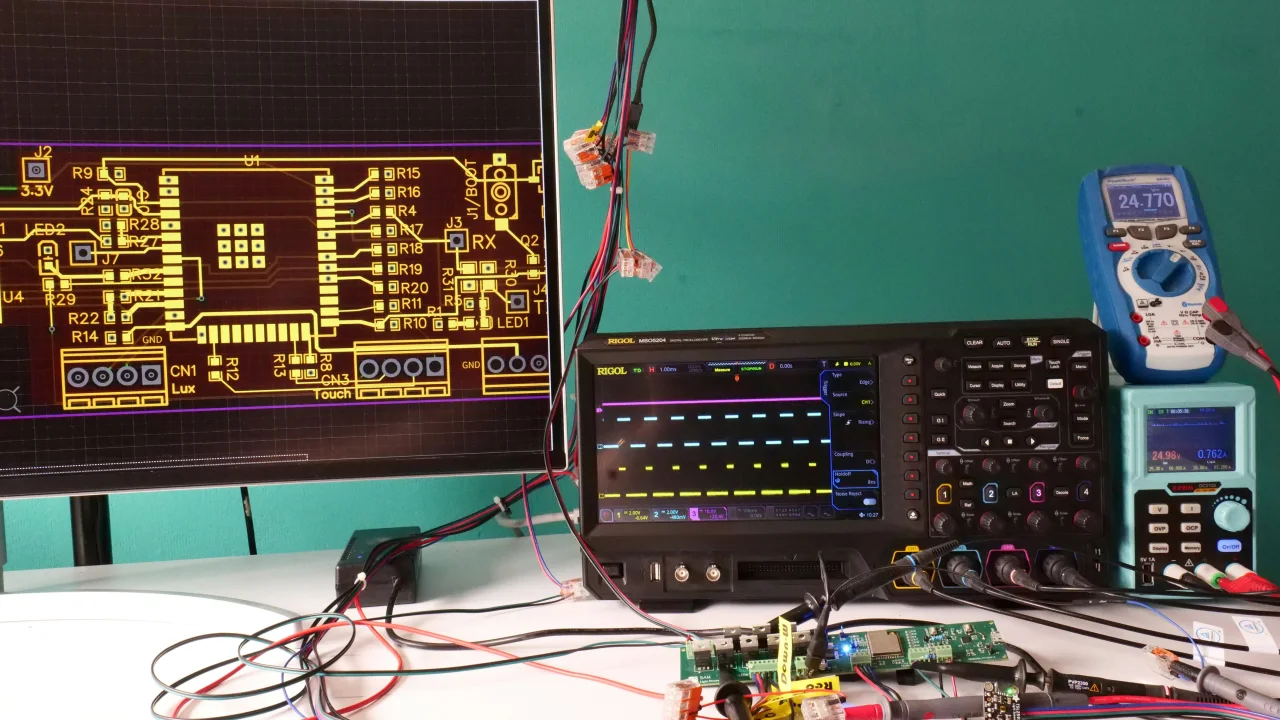 TRACE test setup with embedded hardware and oscilloscope
